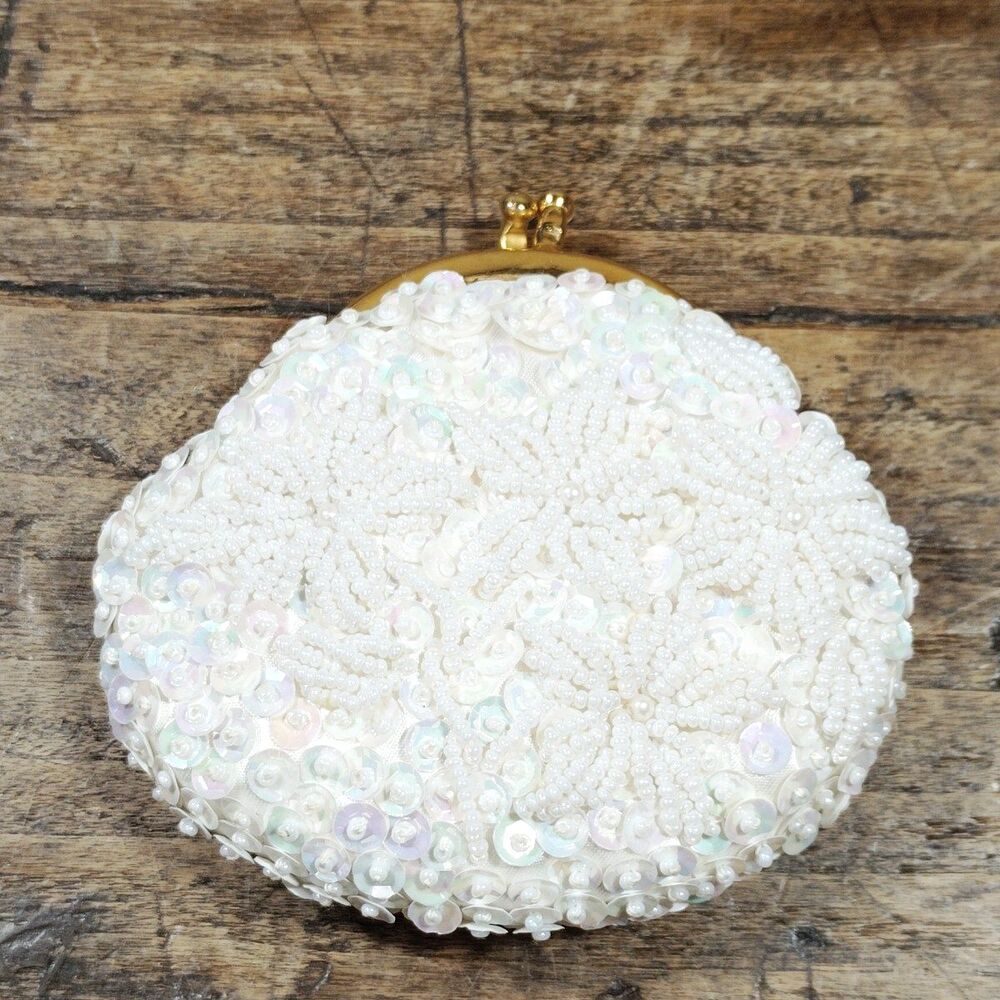 Vintage Beaded Sequin Coin Purse Bag Gold Tone Kiss Lock Satin Lining Hong Kong
